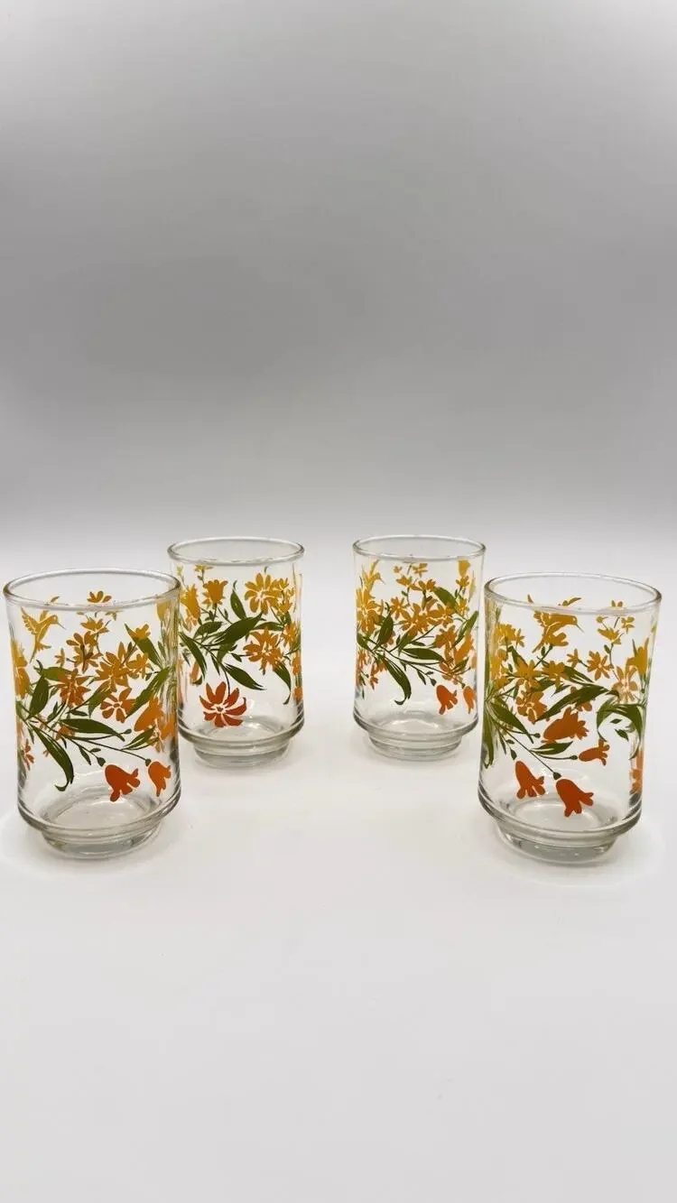 Libby’s Set Of 4 Juice Glasses Hummingbird Floral Pattern Vintage GC